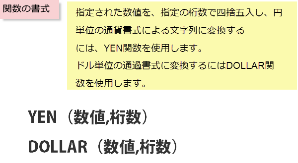 DOLLAR関数、YEN関数の書式